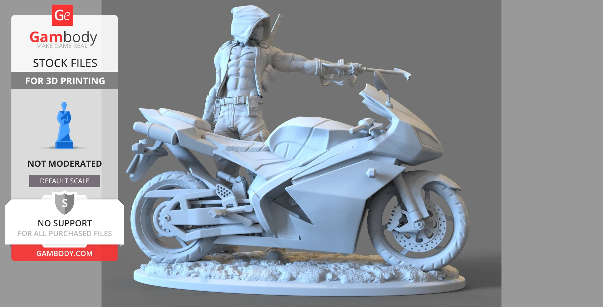 A 3D model of a hooded figure with a sword, standing on a motorcycle base, ready for 3D printing.