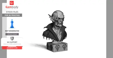 Bust of a vampire with pointed ears and a high-collared cloak, mounted on a decorative base.