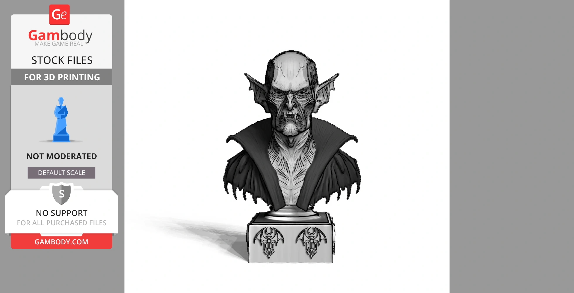 A detailed bust of a vampire with pointed ears and a cloak, atop a base decorated with gothic designs.