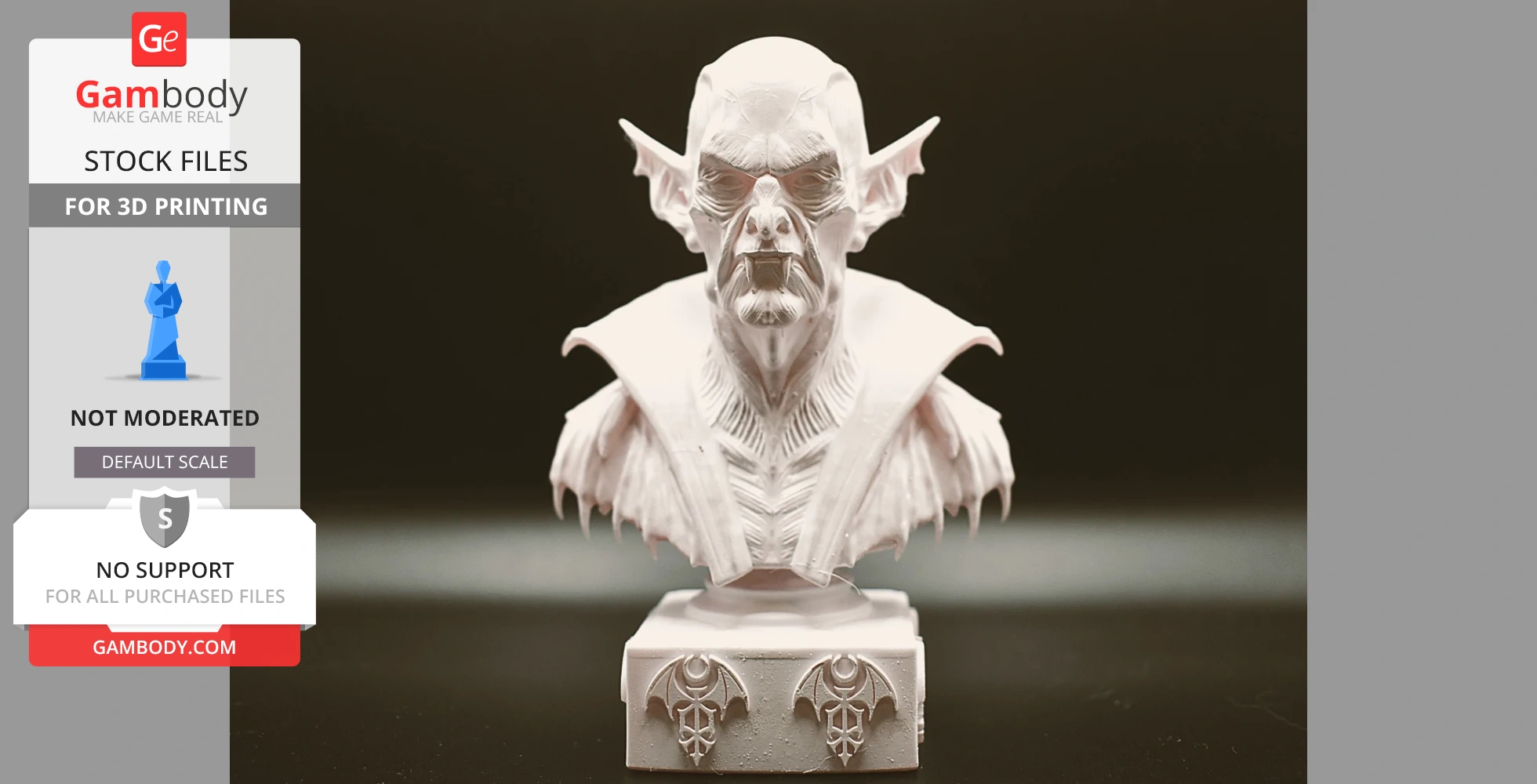 Bust of a vampire with pointed ears and a high collar, atop a detailed base with bat motifs.