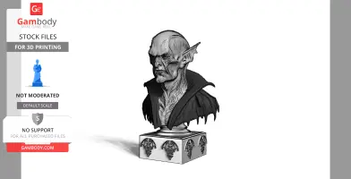 A Nosferatu bust with pointed ears and a high collar, mounted on a decorated square base.