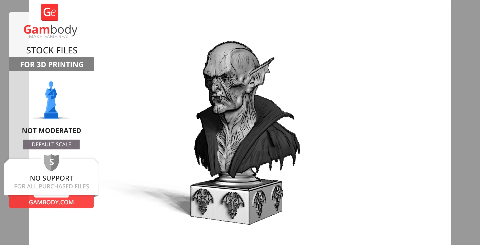 A Nosferatu bust with pointed ears and a high collar, mounted on a decorated square base.