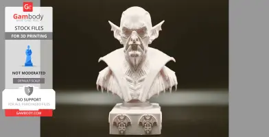 Bust of a vampire with pointed ears and a high collar, atop a detailed base with bat motifs.