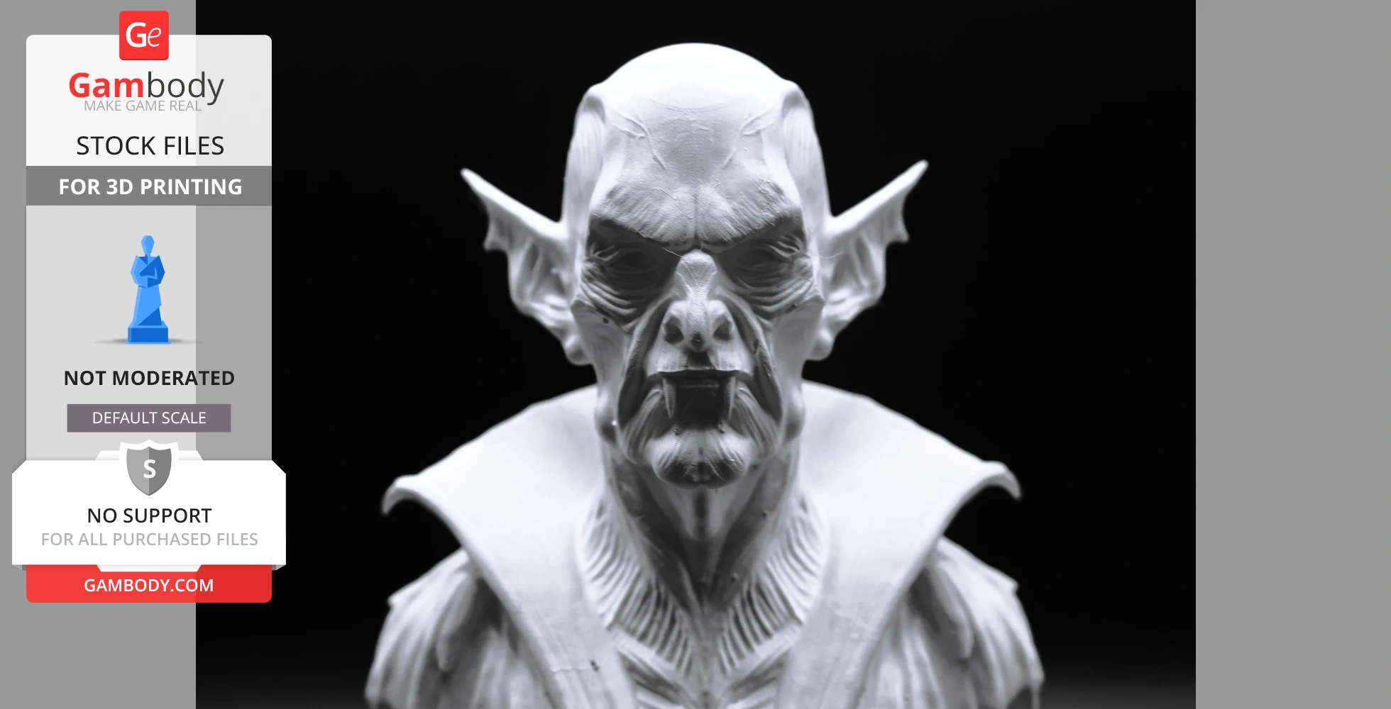 A detailed 3D model of a Nosferatu-inspired vampire with pointed ears and a cape, suitable for 3D printing.