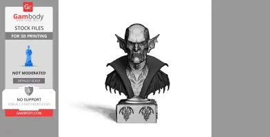 A detailed bust of a vampire with pointed ears and a cloak, atop a base decorated with gothic designs.
