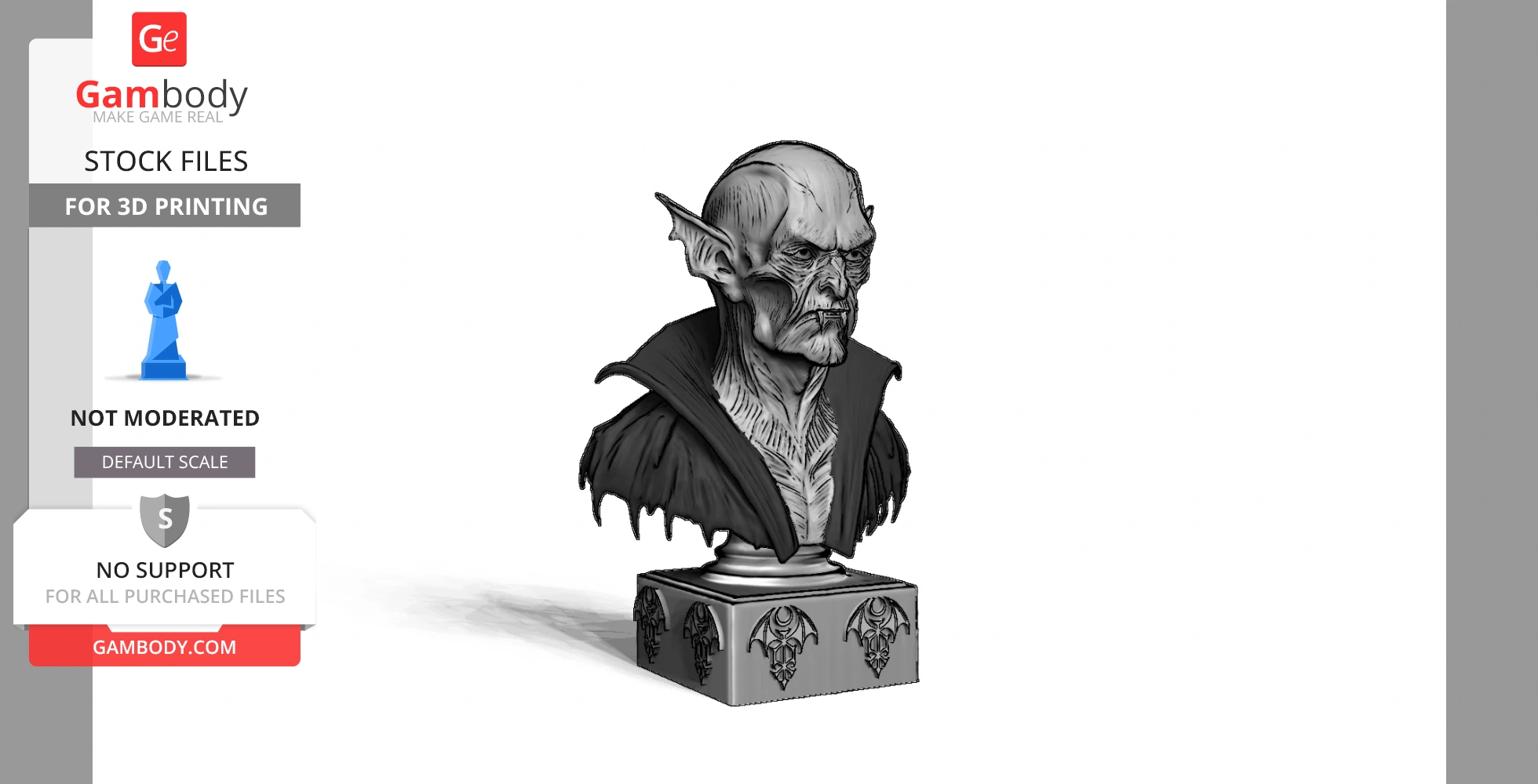 Bust of a vampire with pointed ears and a high-collared cloak, mounted on a decorative base.