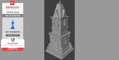 A detailed 3D model of a Christmas village clock tower with brick texture and a pointed roof.