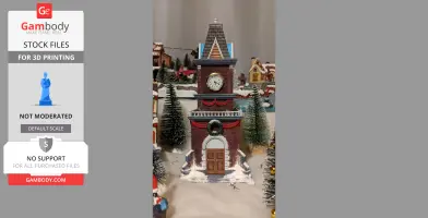 A festive brick clock tower with a clock face, wreath, and snow-adorned surroundings in a Christmas village.