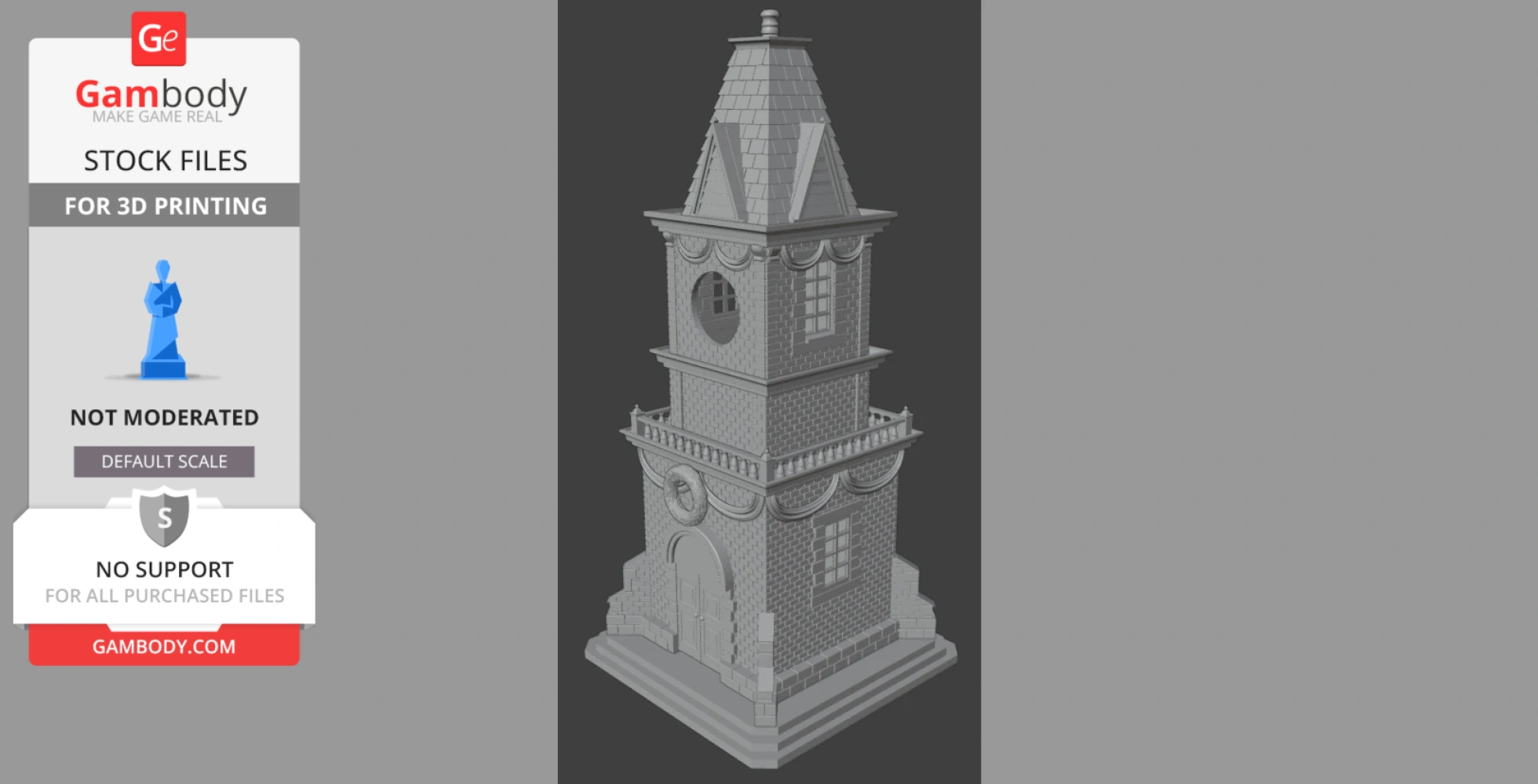 A detailed 3D model of a Christmas village clock tower, with a brick texture and pointed roof.