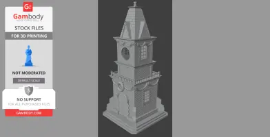 A detailed 3D model of a Christmas village clock tower, with a brick texture and pointed roof.