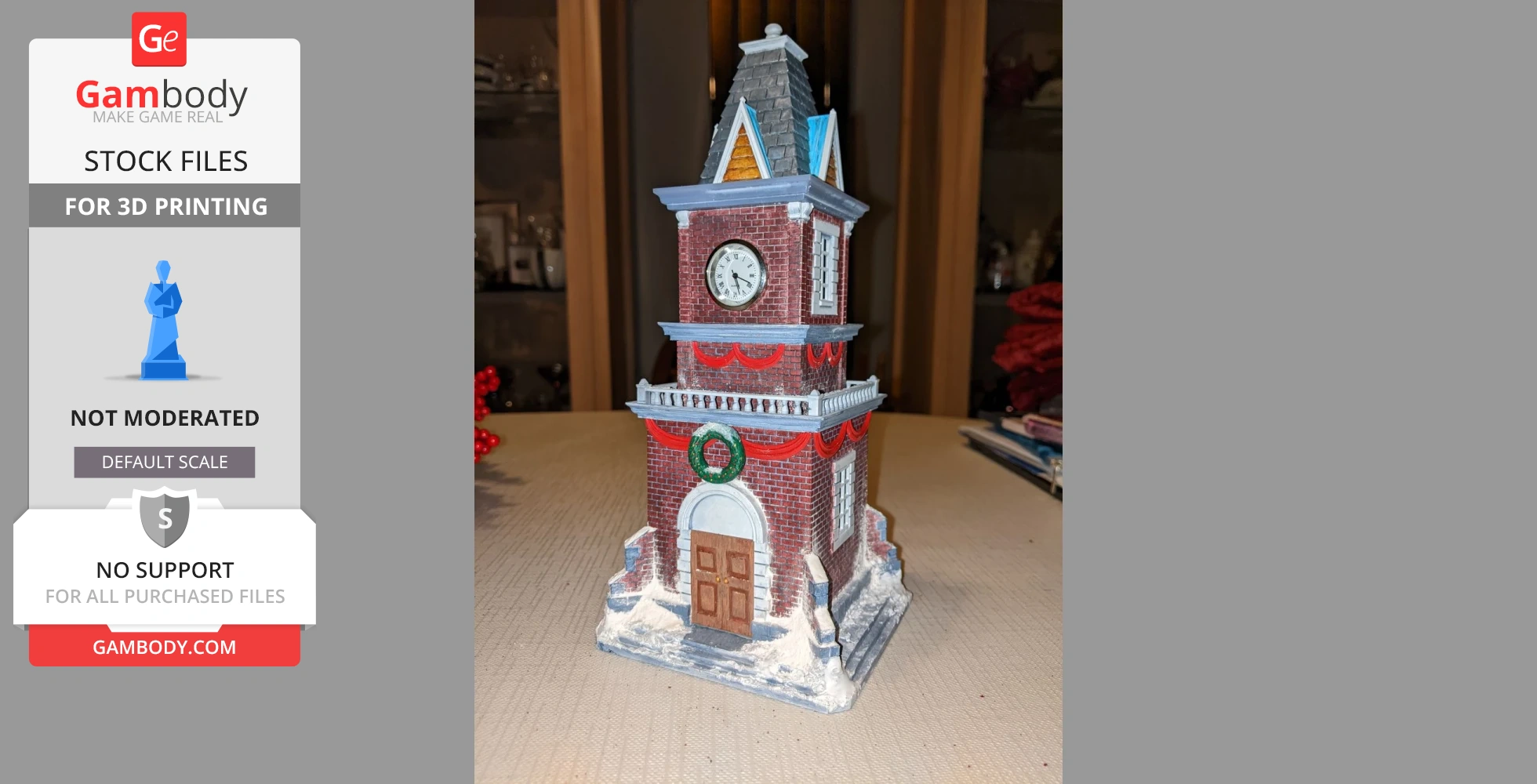 A festive, brick Christmas village clock tower with wreath, clock face, and snowy base for 3D printing.