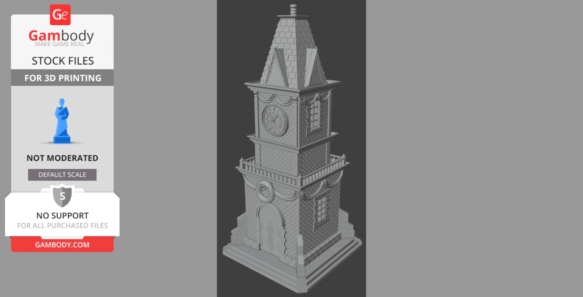 A detailed 3D model of a Christmas village clock tower with brick texture and a pointed roof.