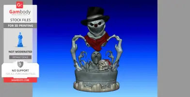 Sinister snowman with top hat, red scarf, skeletal arms, and eerie base for 3D printing.