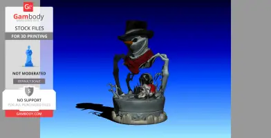 Dark snowman figure with top hat and scarf, holding creepy plant, stands on base with skull wearing Santa hat.