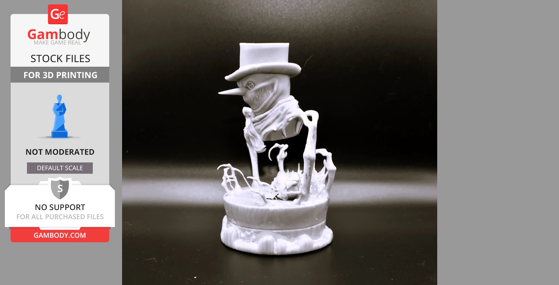 A sinister snowman with a top hat and scarf, surrounded by eerie, skeletal branches, on a decorative base.