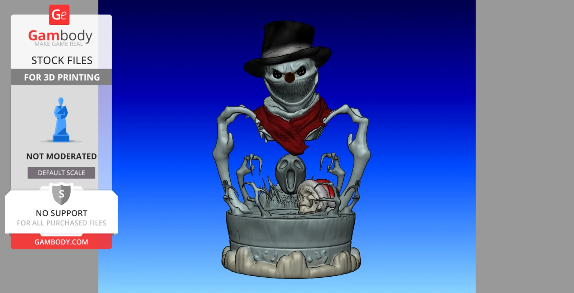 Sinister snowman with top hat, red scarf, skeletal arms, and eerie base for 3D printing.