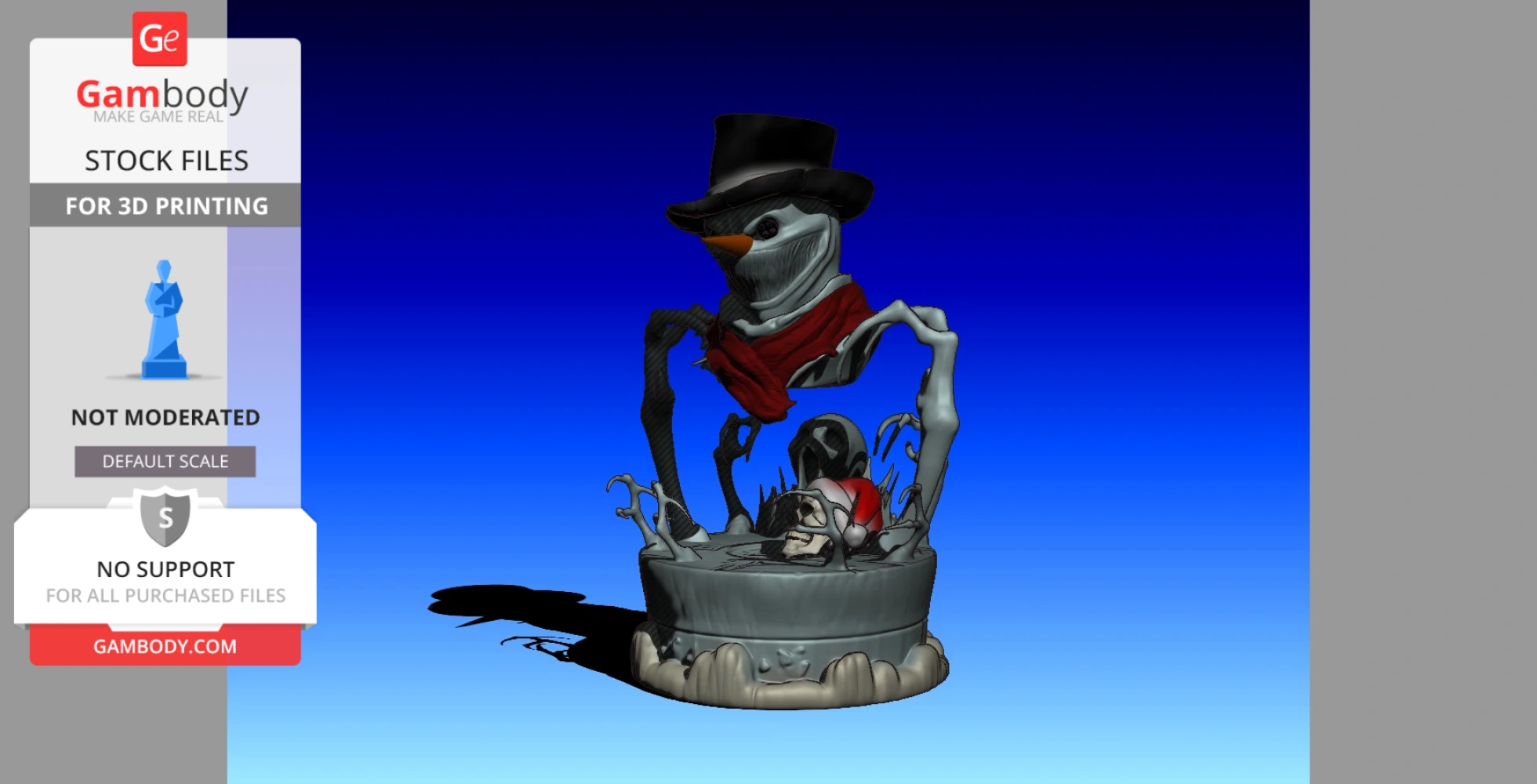 Dark snowman figure with top hat and scarf, holding creepy plant, stands on base with skull wearing Santa hat.