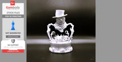 A spooky figure with a top hat, scarf, and skeletal arms, featuring a skull base designed for 3D printing.