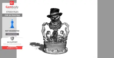 A sinister figure with a hat and scarf, featuring skeletal hands and skulls, in a Halloween-themed design.