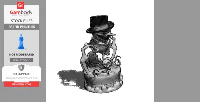 A spooky, snowman-like figure with a top hat and scarf, surrounded by ghostly hands and eerie elements.