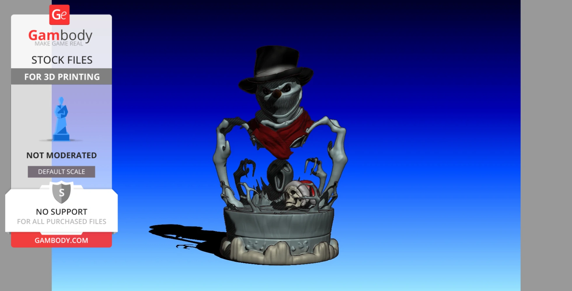 A skeletal snowman with a top hat and red scarf, surrounded by skeletal arms emerging from a base.