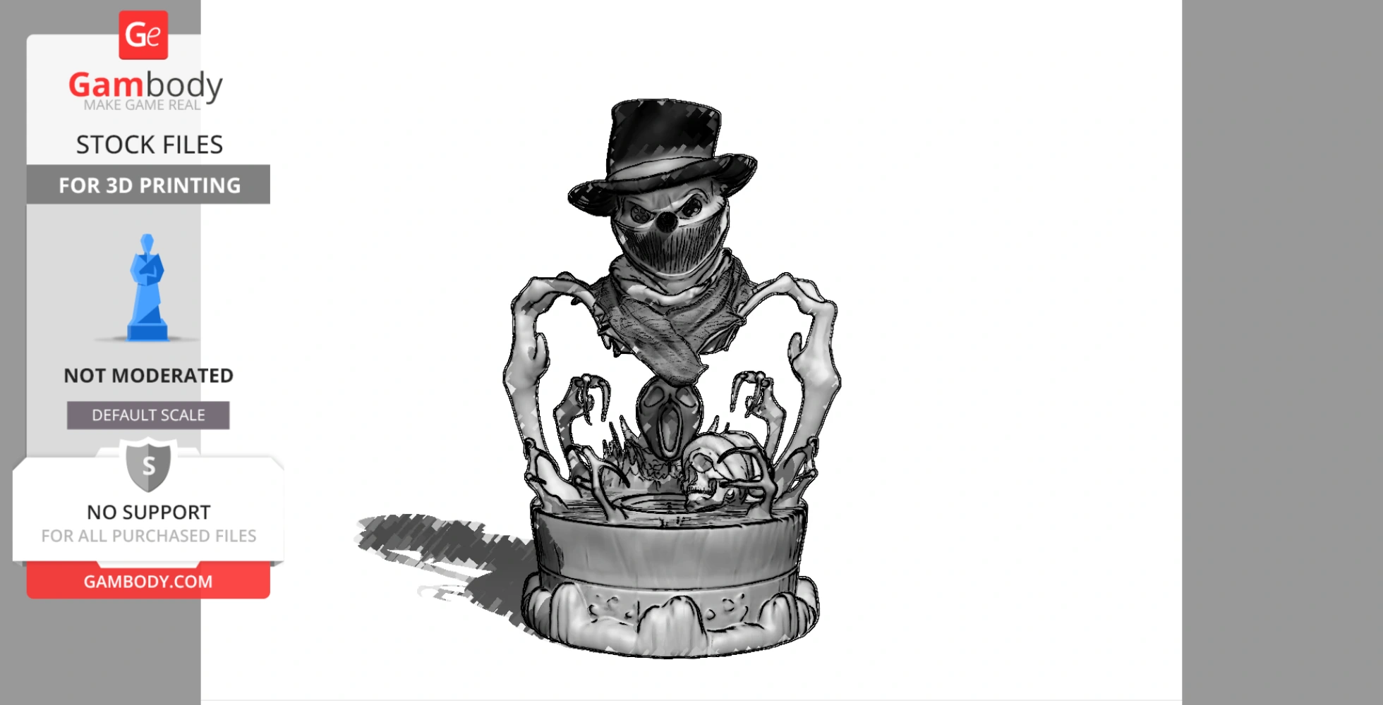 A sinister figure with a hat and scarf, featuring skeletal hands and skulls, in a Halloween-themed design.