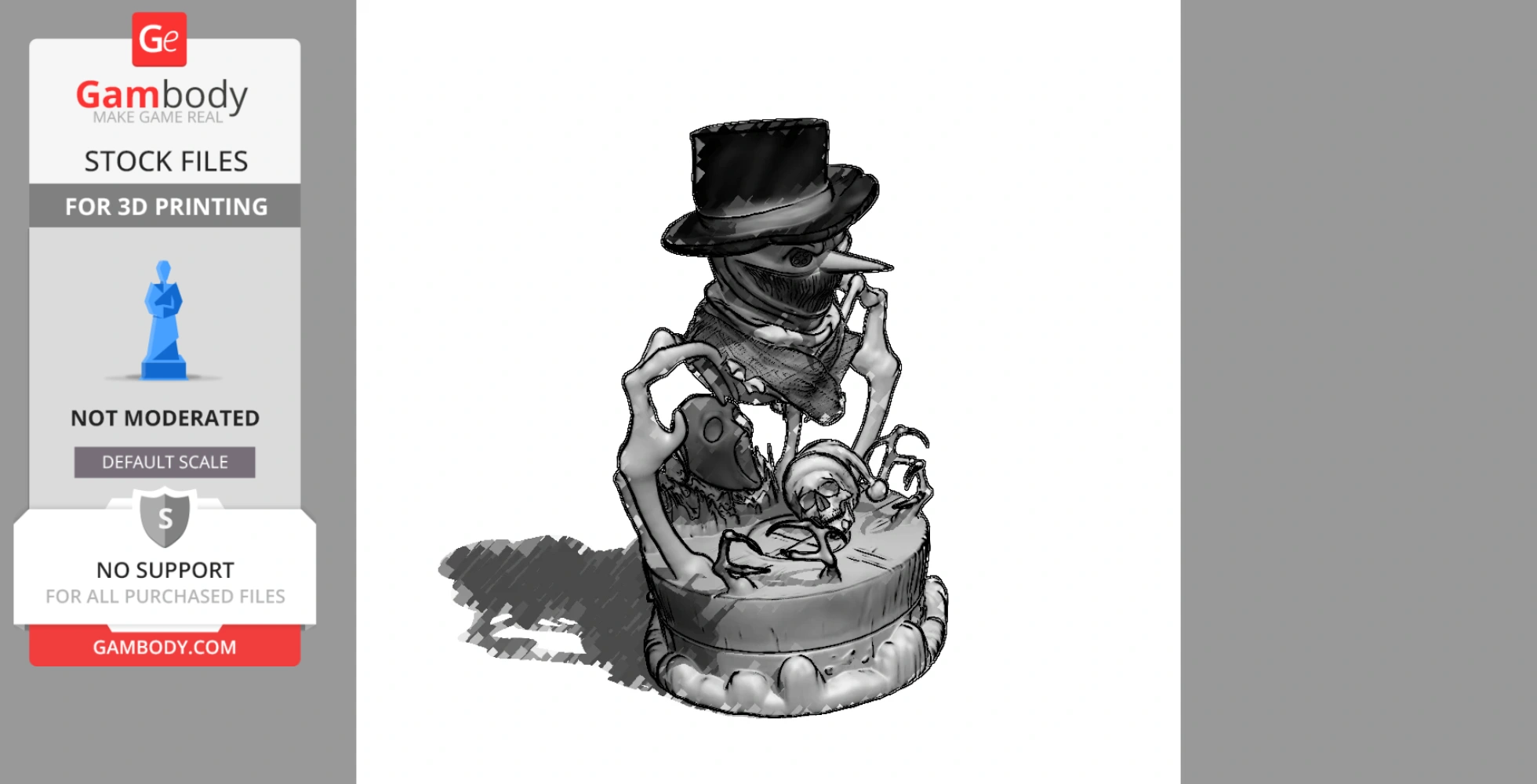 A spooky, snowman-like figure with a top hat and scarf, surrounded by ghostly hands and eerie elements.