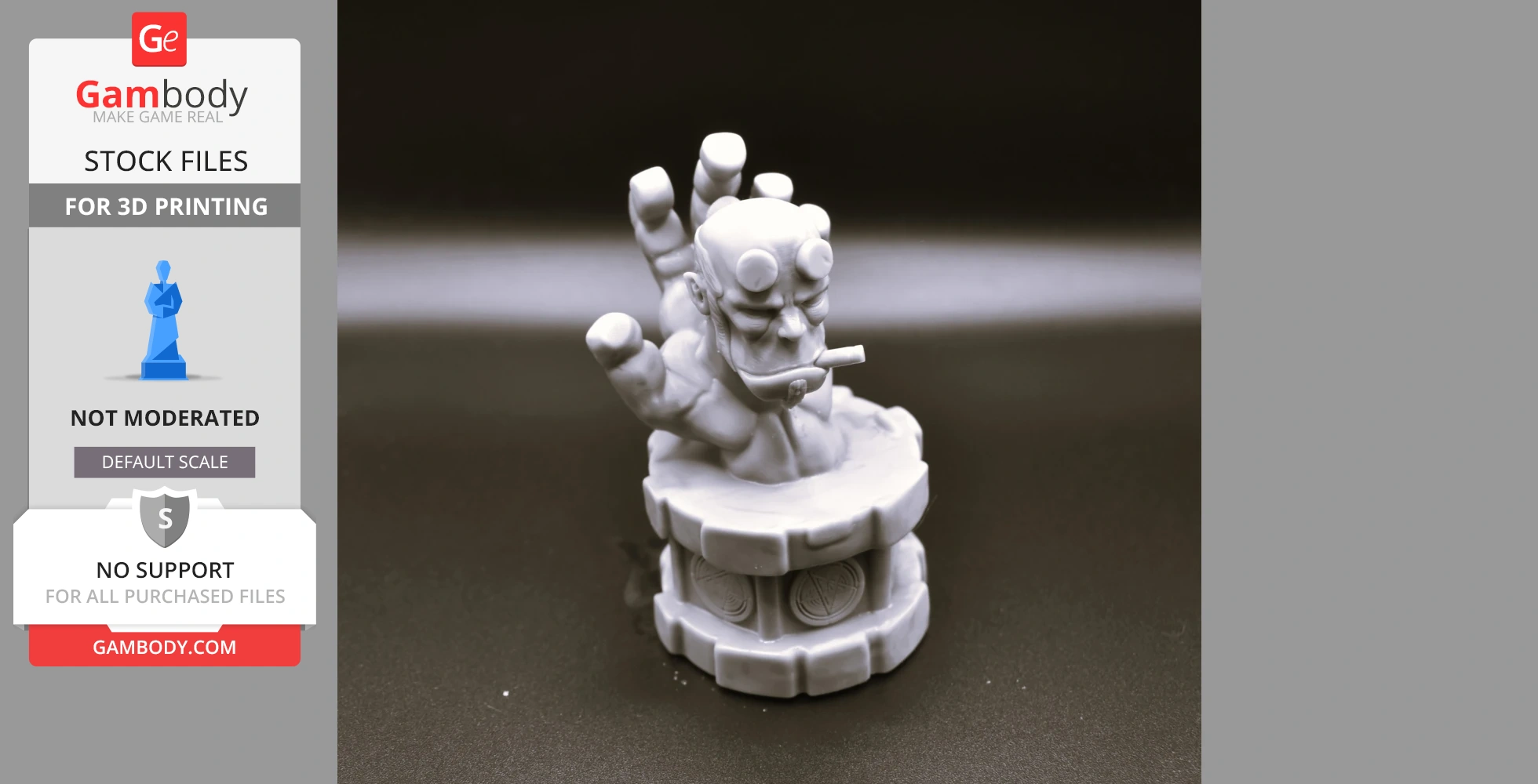 A 3D-printed model of a muscular hand with a cigar, featuring a head with horns.