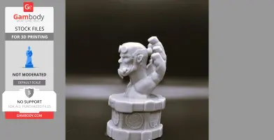 3D-printed bust of a muscular figure with a large hand, set on a decorated base.