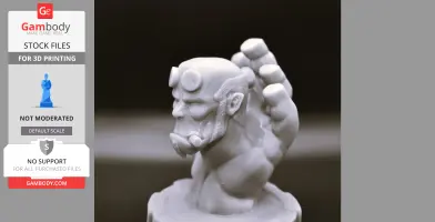 A 3D model of a muscular figure with horns and a large fist, designed for 3D printing.