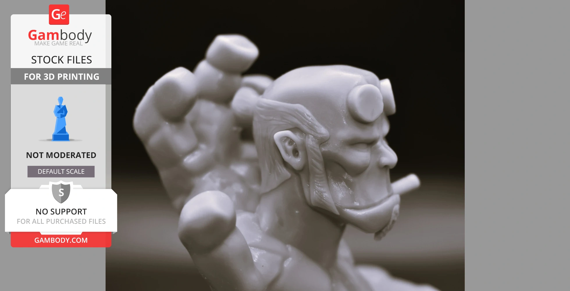 3D model of a muscular character with large right hand and pronounced jaw, pipe in mouth.