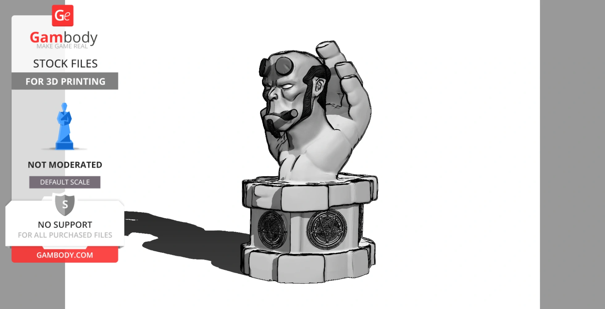 3D model of a bust with a prominent hand and striking features, on a decorative base.