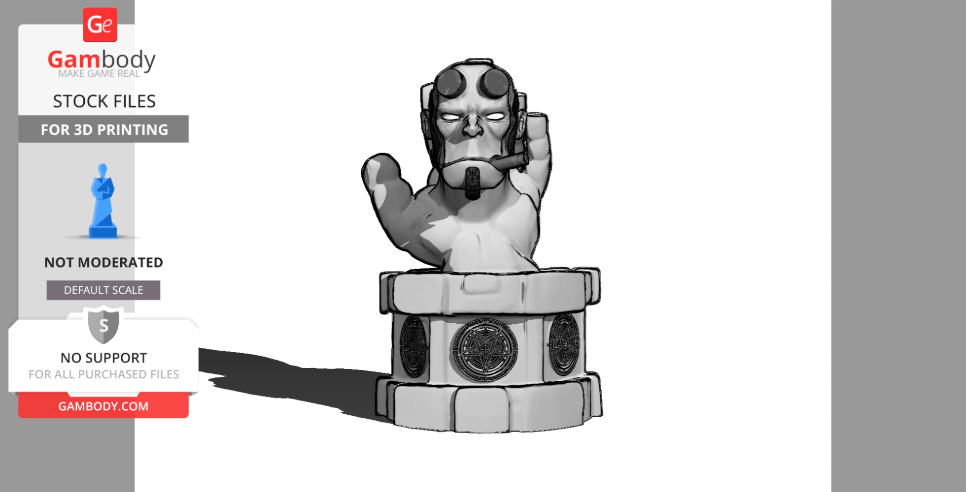 Hellboy's 'Right Hand of Doom' sculpture on a circular base with intricate symbols, suitable for 3D printing.