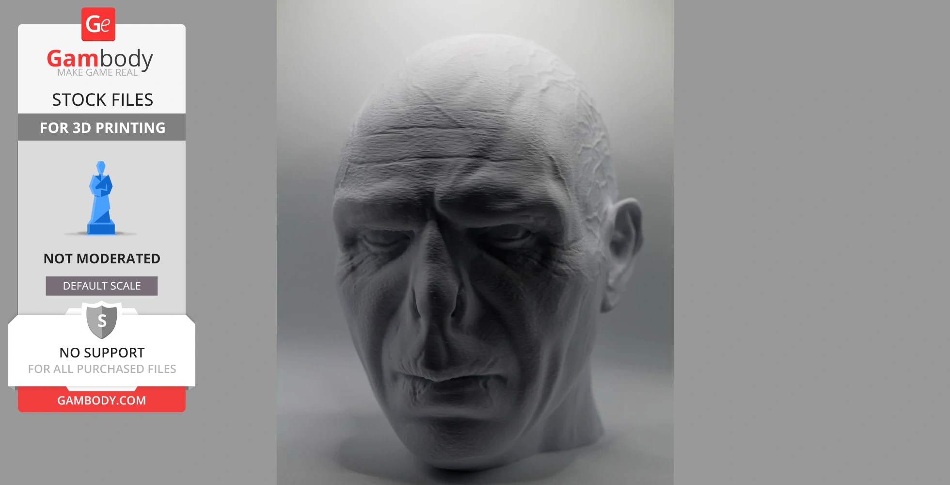 Detailed 3D model of a bald, mysterious character's head with deep set features for printing.