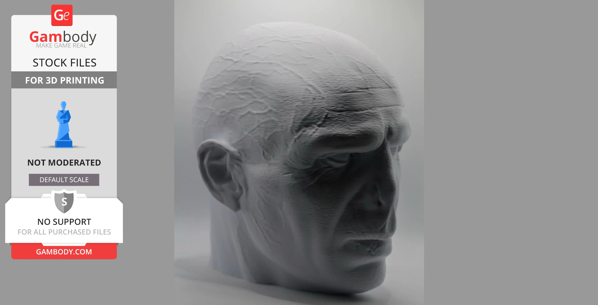 A detailed 3D head sculpt of a bald character with a stern expression, designed for 3D printing.