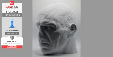 3D model of a detailed head sculpture with prominent veins and facial features, intended for 3D printing.