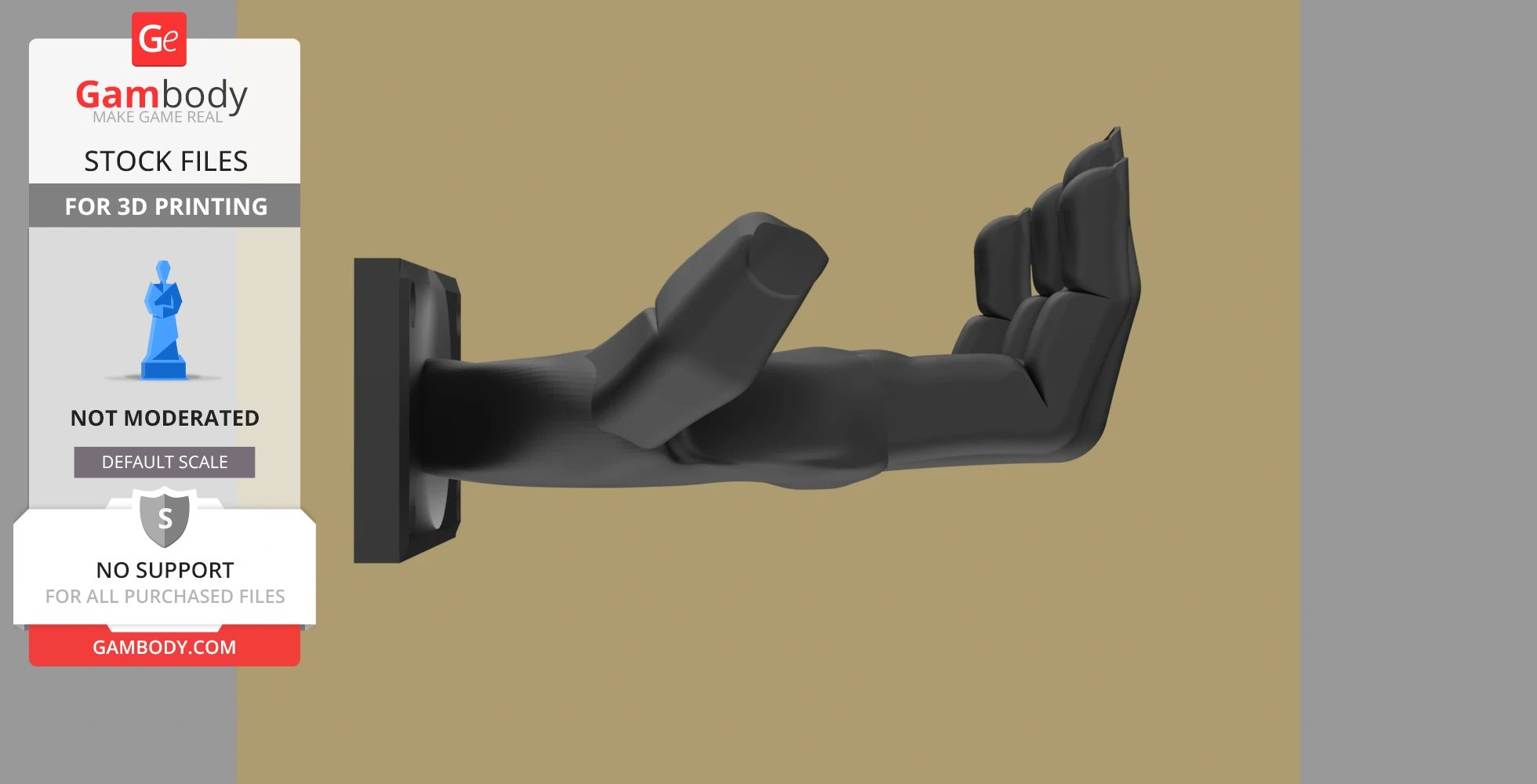 A 3D model of a wall-mounted human hand designed as a headphone hanger.