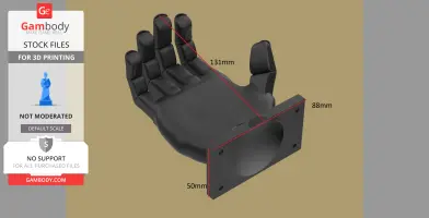 3D model of a hand-shaped headphone hanger with mounting dimensions labeled in millimeters.