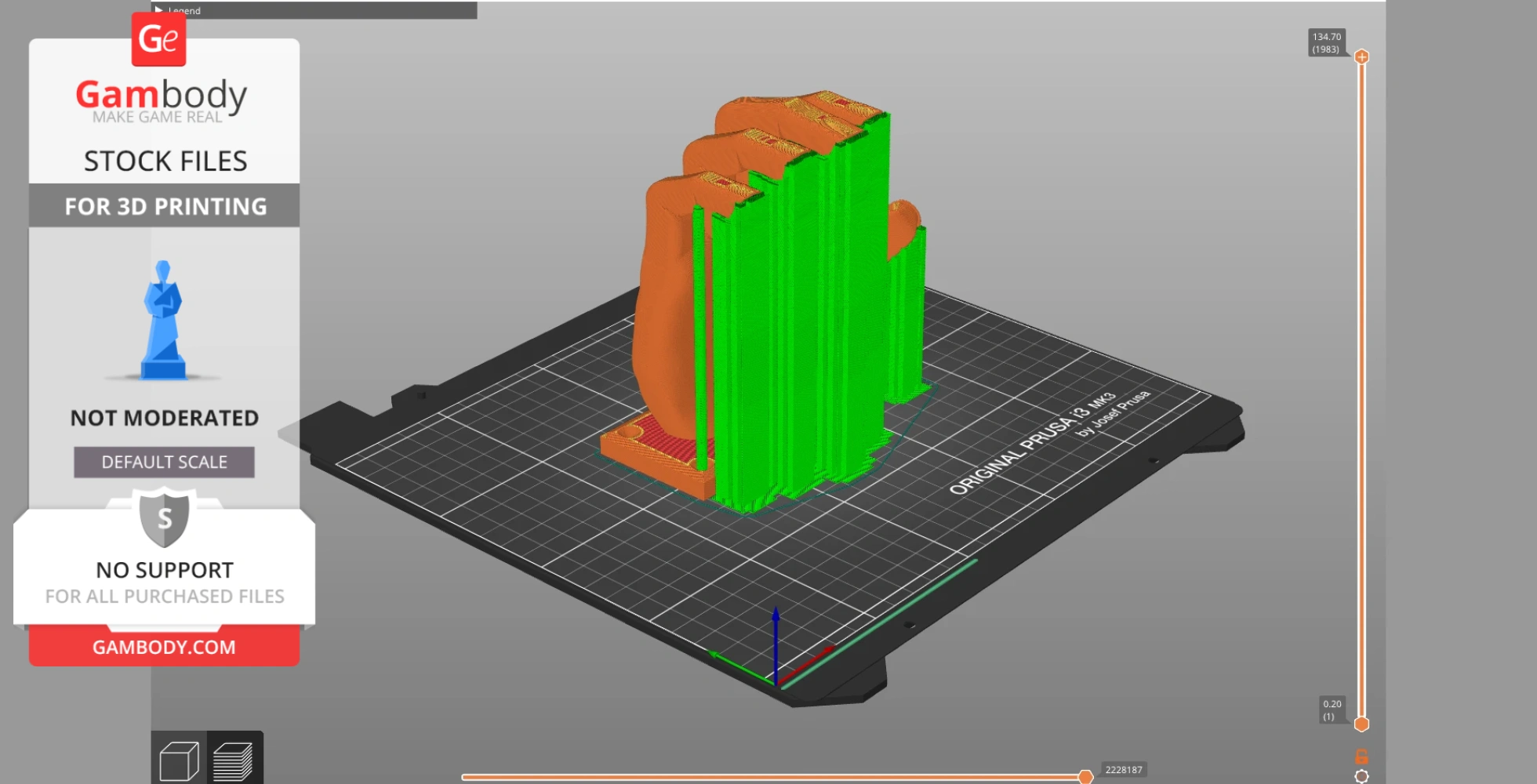 3D model of a human hand-shaped headphone hanger with green support structures for printing.