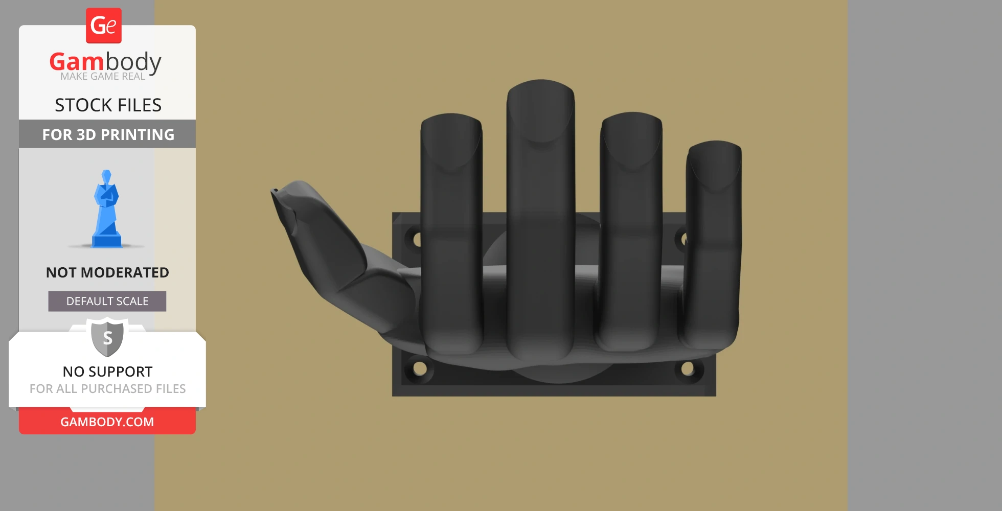 A 3D model of a hand-shaped headphone hanger mounted on a rectangular base.