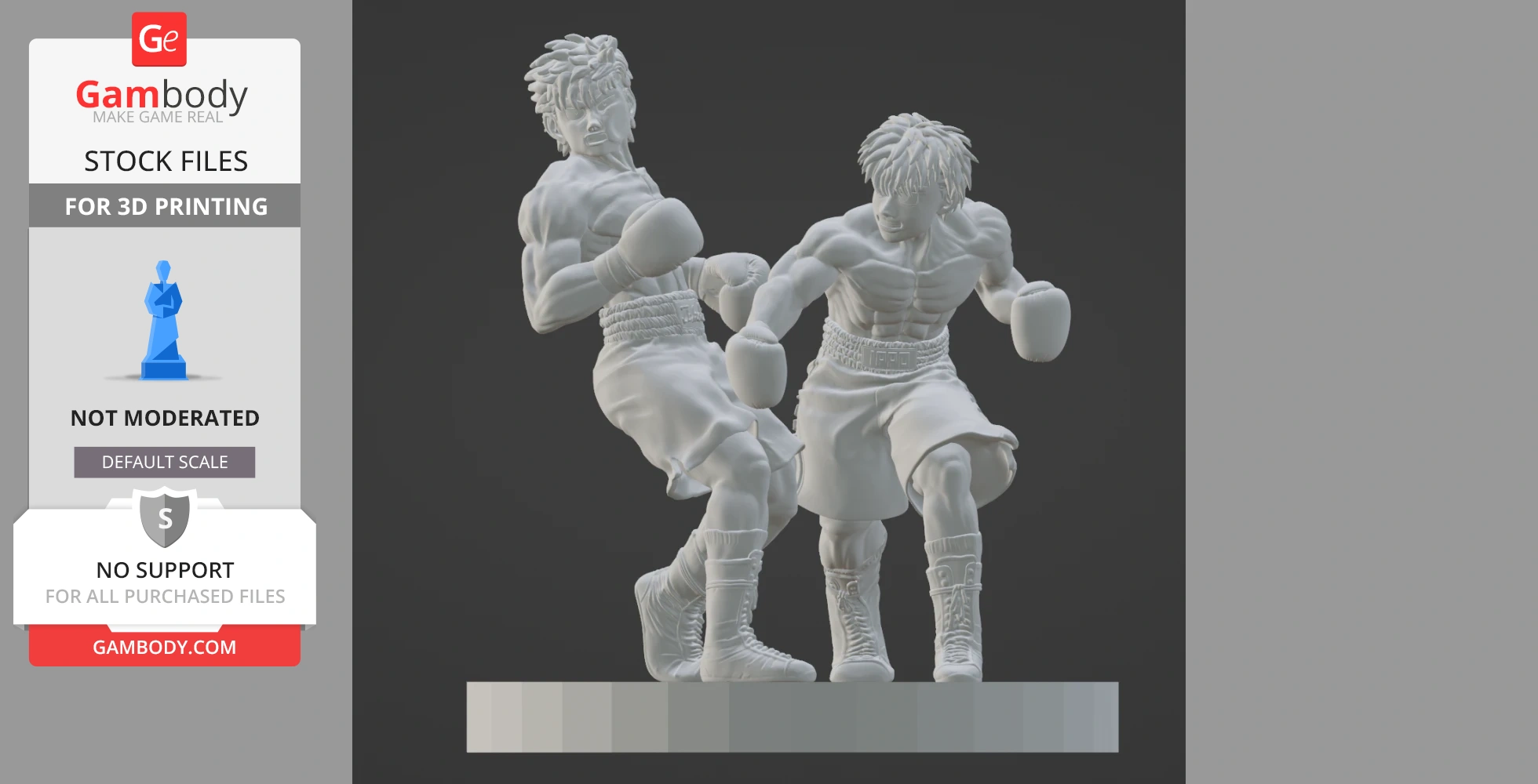 Two dynamic boxers in action, wearing gloves and shorts, captured mid-fight in detailed 3D model.