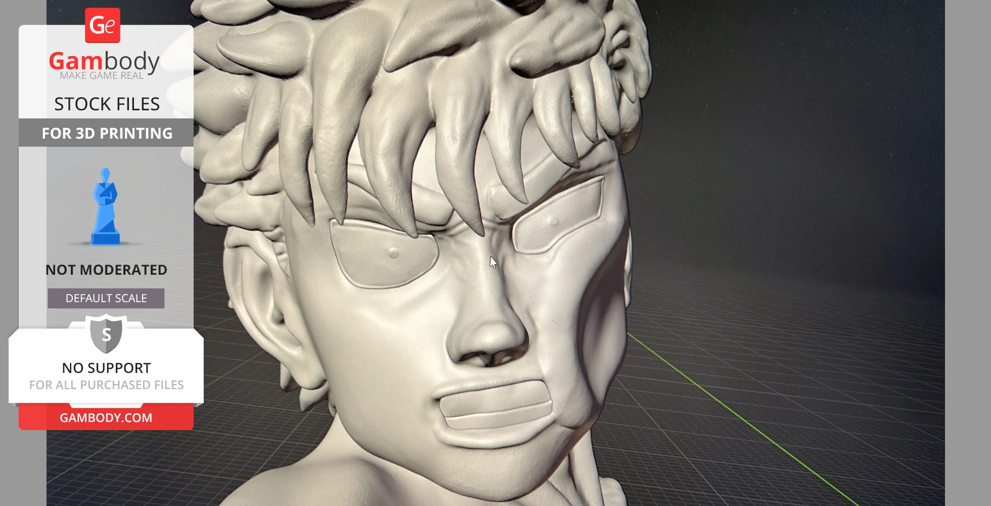 3D model of an intense character with stylized hair and a determined expression, ready for 3D printing.