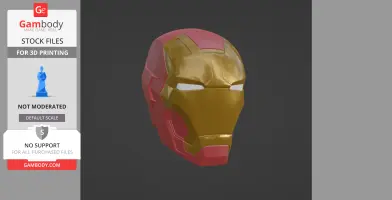 A 3D model of a red and gold helmet with angular features, designed for 3D printing.