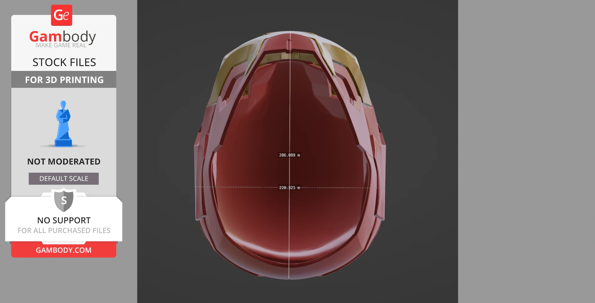 Red and gold Ironman helmet design STL file for 3D printing, viewed from the top.
