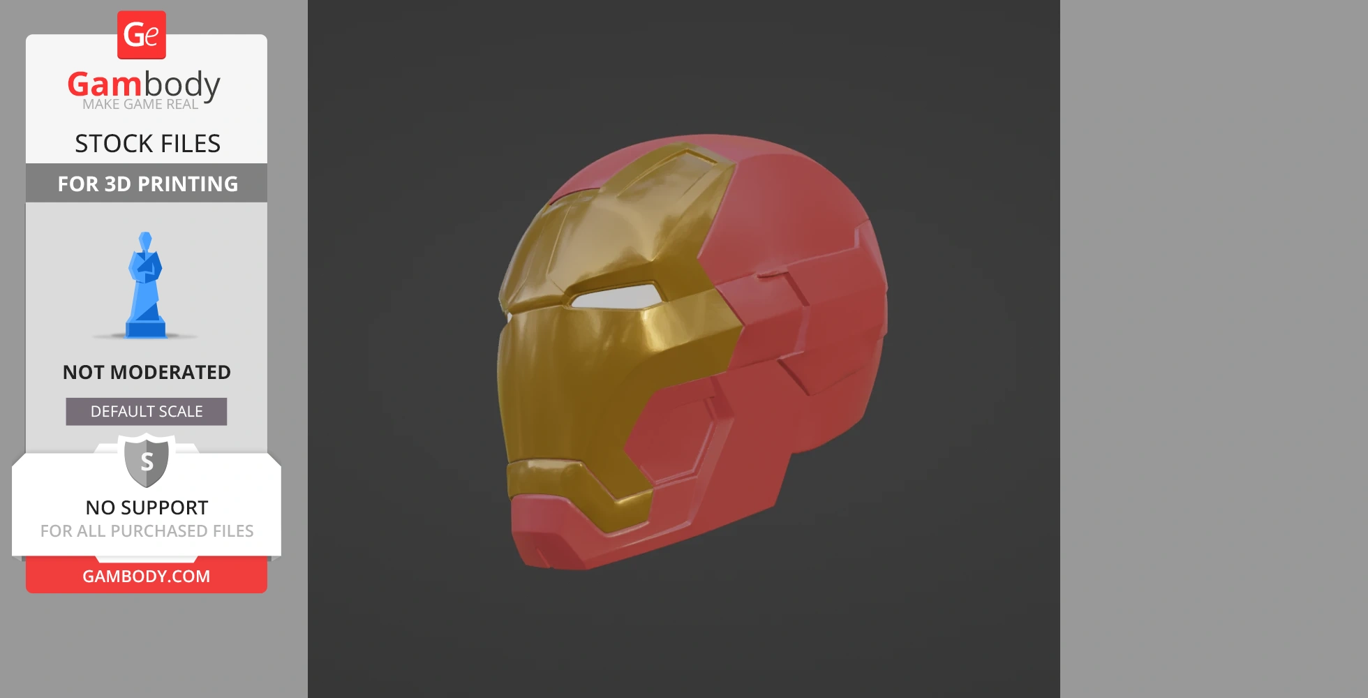 Red and gold Iron Man helmet model for 3D printing, featuring detailed design for magnets.