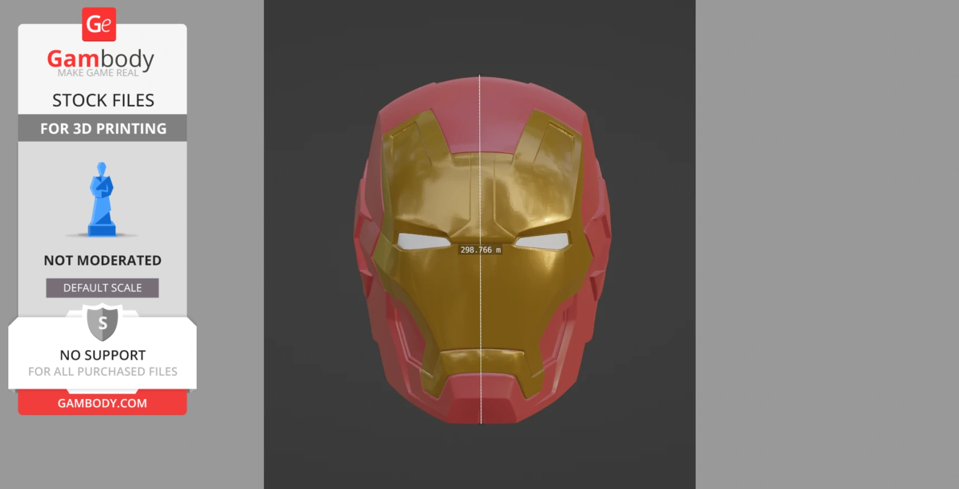Red and gold Iron Man helmet model for 3D printing, front view.