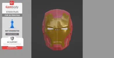Red and gold Iron Man helmet model for 3D printing, front view.