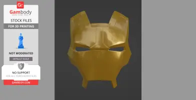 A gold Ironman helmet model for 3D printing, front view, with angular eye slits and sleek surface.