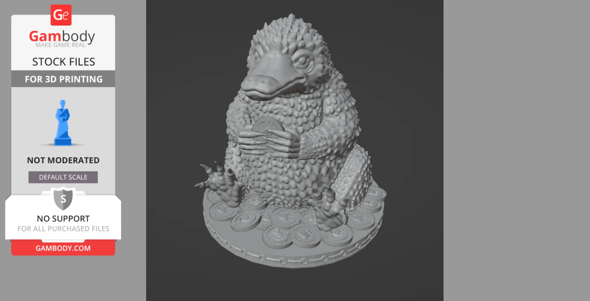 3D model of a Niffler holding coins, standing on a pile of coins, designed for 3D printing.