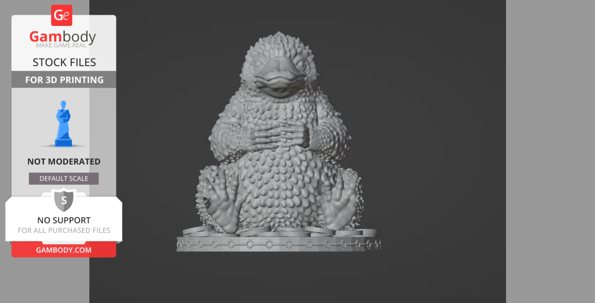 3D model of a textured, sitting creature with a pouch, resembling a mythical animal, on a circular base.